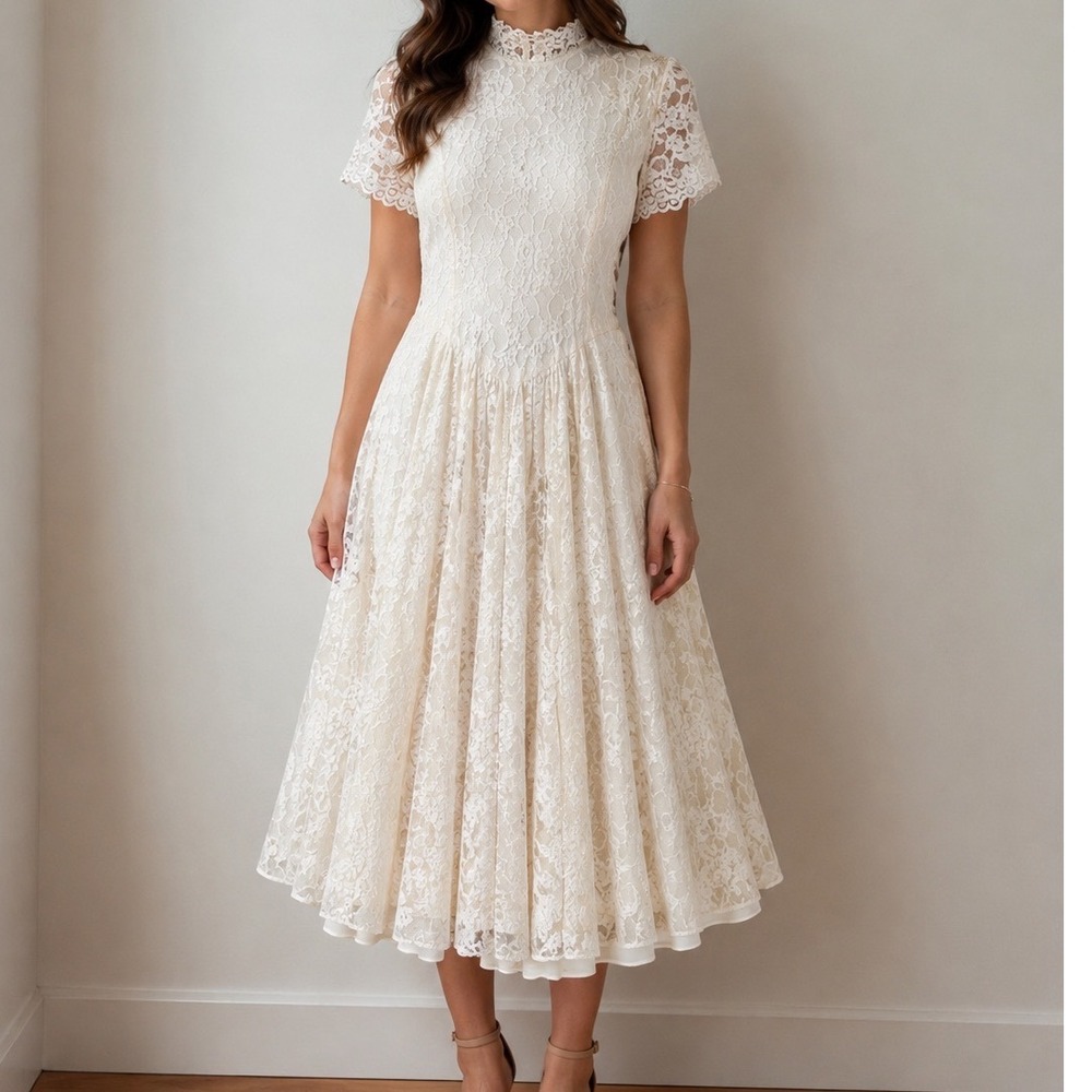 Vtg Ivory Lace drop waist Mock Neck maxi gown Dress Bride 4 Nicole miller formal